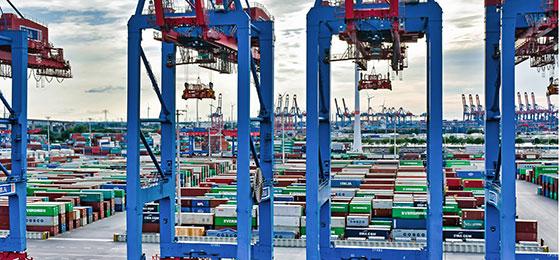 Ansicht eines Hafens mit spezialisierten Umschlaganlagen im Vordergrund und Frachtcontainern im Hintergrund.
