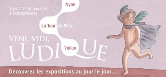 Cette image montre l’affiche de l’exposition Veni, vidi, ludique avec trois enfants qui jouent. © Veni, vidi, ludique