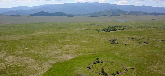 Aerial view of the burial mound Tunnug 1 (Arzhan 0). A distinct circle can be seen on one plane