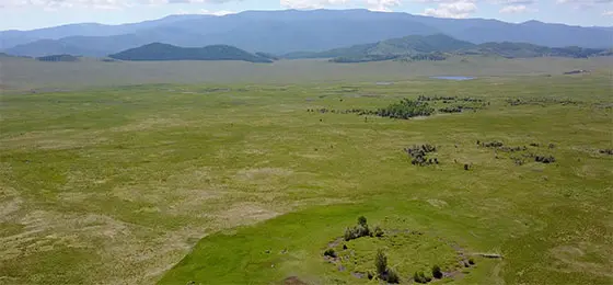 Dieses Bild zeigt die Luftaufnahme des Grabhügels Tunung 1 (Arschan 0). Es ist ein deutlicher Kreis in einer Ebene sichtbar.