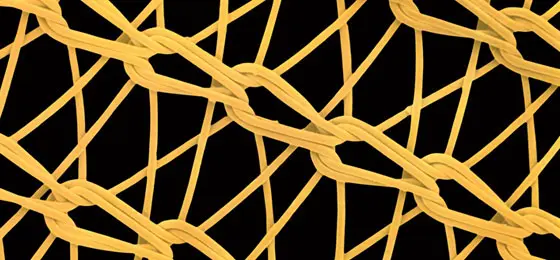 This picture shows a coloured scanning electron micrograph of a woven nylon netting. © Keystone