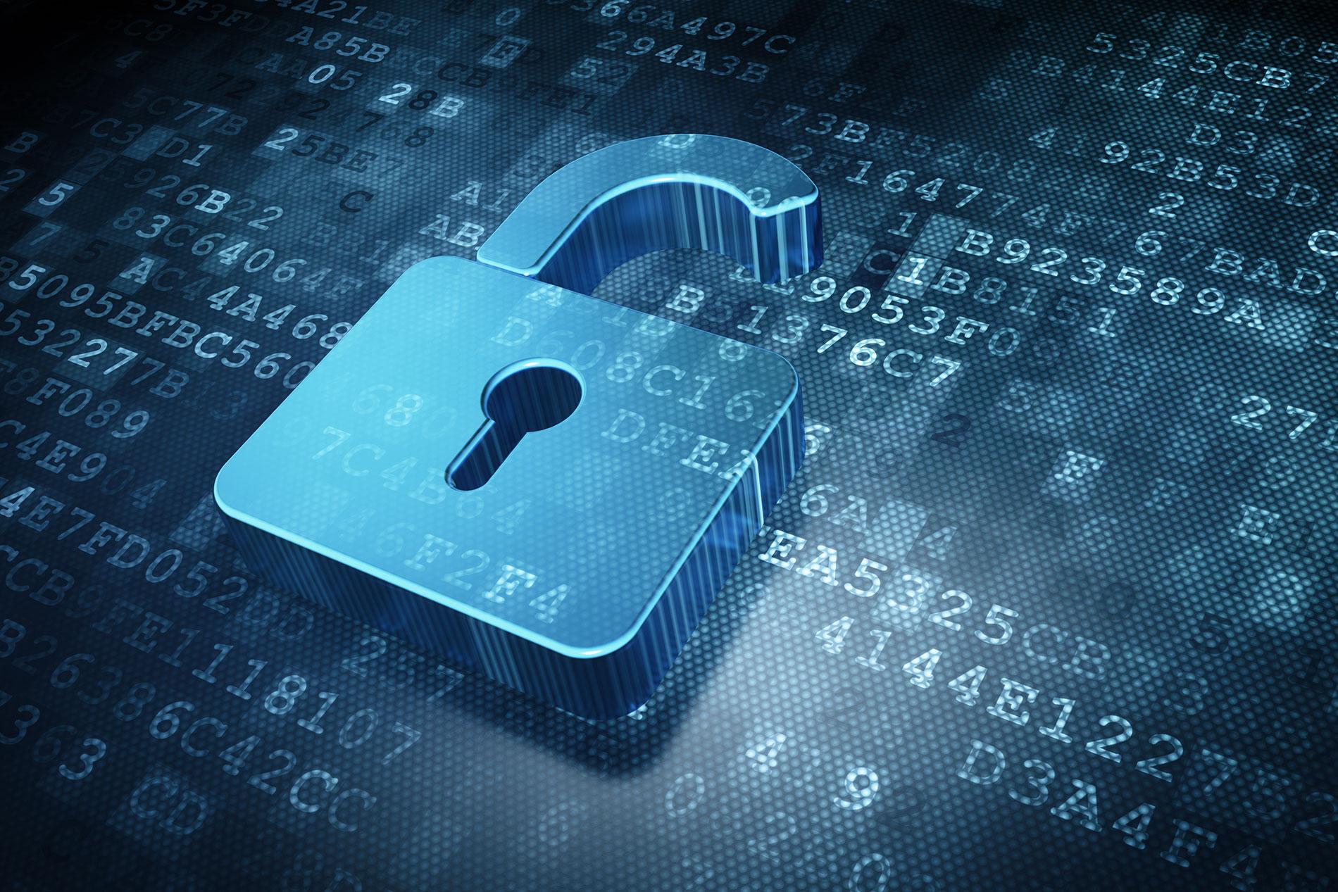 Security concept: blue opened padlock on digital background