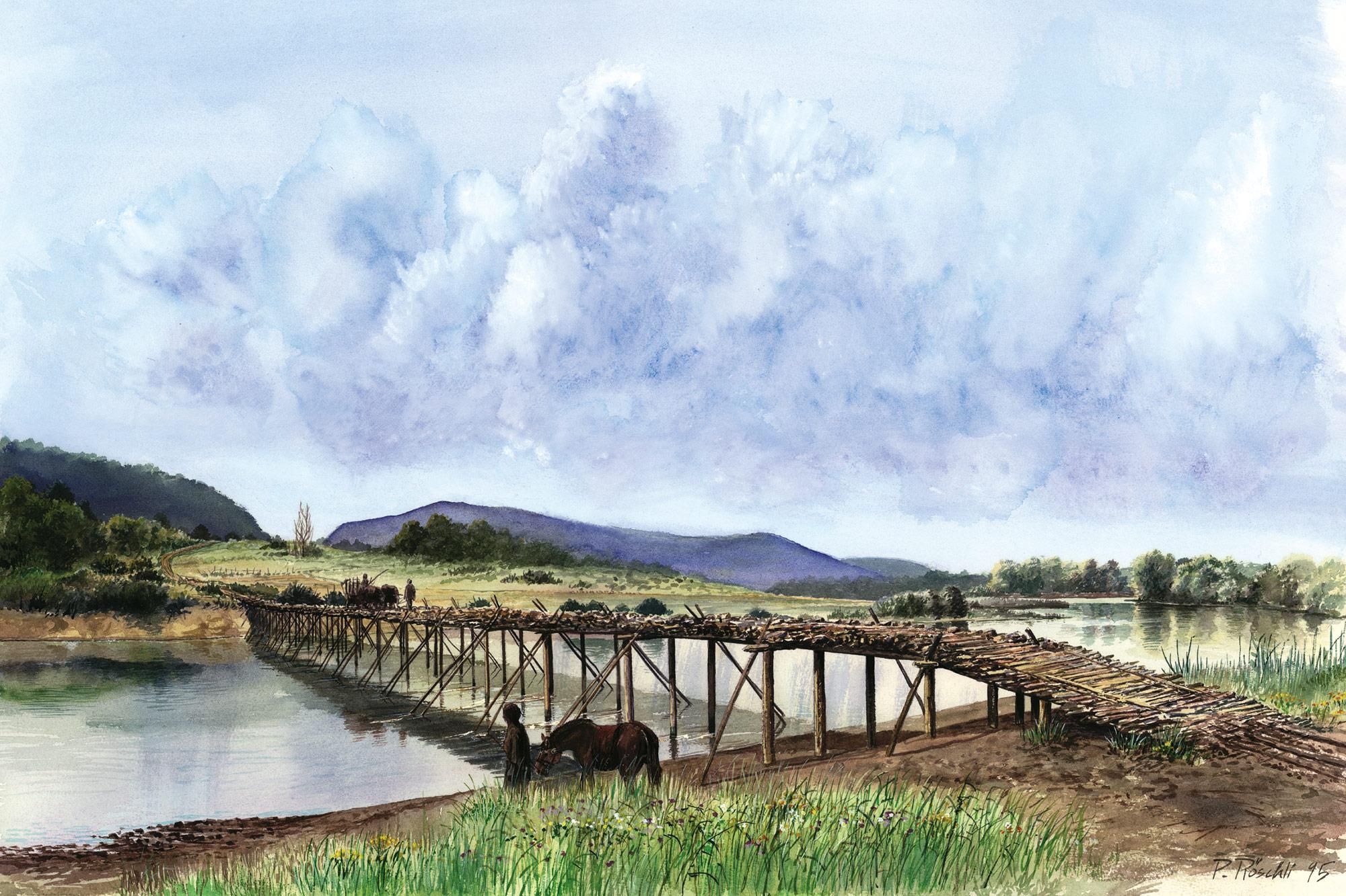 Artistic reconstruction of the bridge at Cornaux/Les Sauges by P. Roeschli.