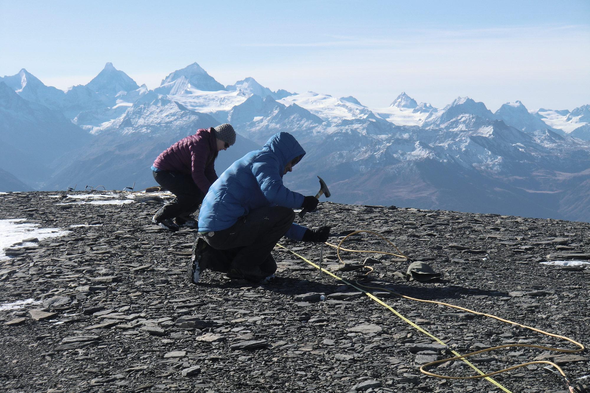 Measuring electrical resistivity in the ground on the Wildstrubel mountain.