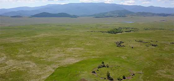 Aerial view of the burial mound Tunnug 1 (Arzhan 0). A distinct circle can be seen on one plane